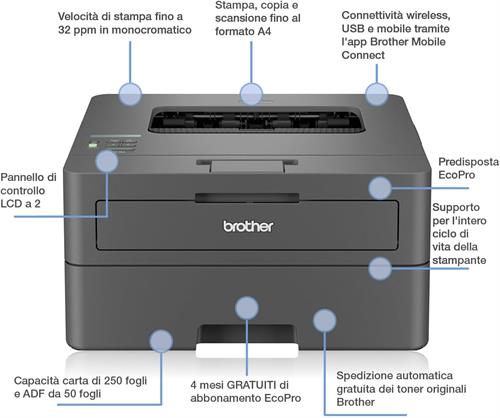 STAMPANTE BROTHER HLL2400DWE LASER MONOCROMATICO USB + WIFI