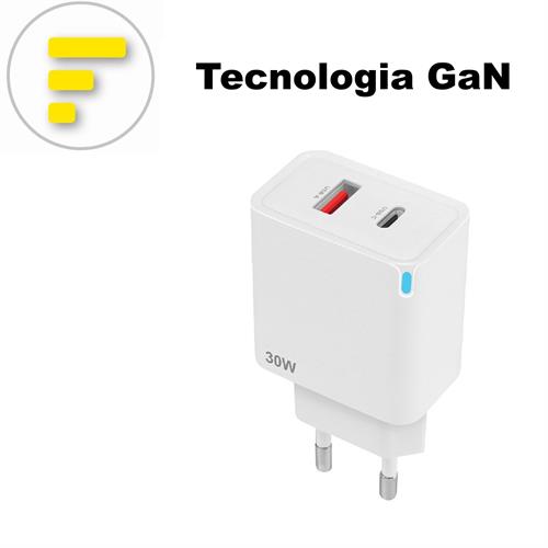CARICATORE TRAVEL 220V 30W GaN PD+QC 1 USB-C + 1 USB-C BIANC